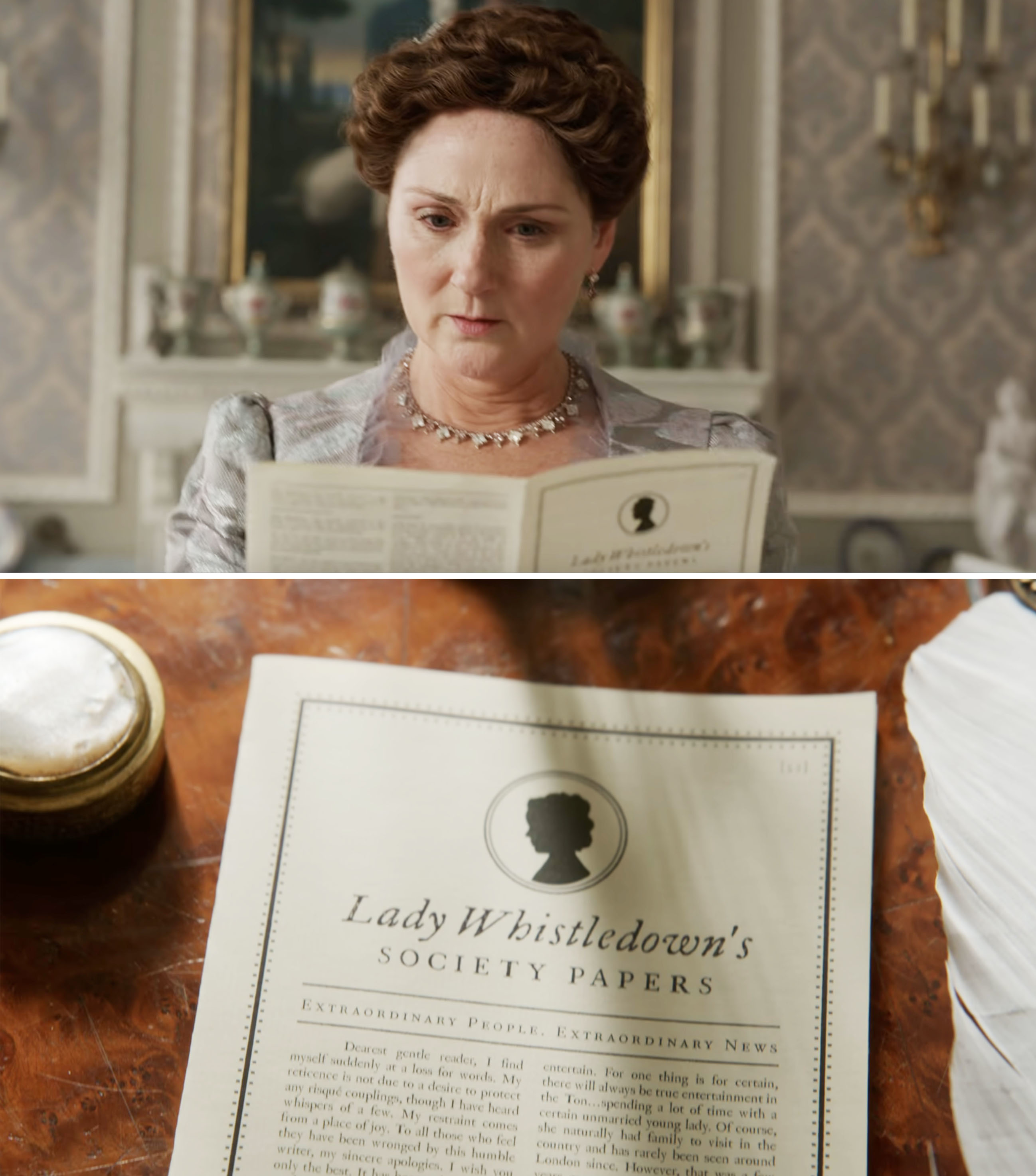 Violet Bridgerton reads Lady Whistledown&#x27;s Society Papers