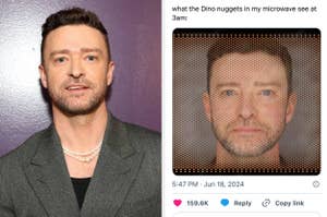 Split image of Justin Timberlake with the quote, "This is going to ruin the tour..." above. On the left, he looks serious, on the right, he is smiling