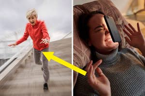 Two images: Left, person running down stairs with a worried expression. Right, person lying in bed with a phone falling on their face. Yellow arrow points between images