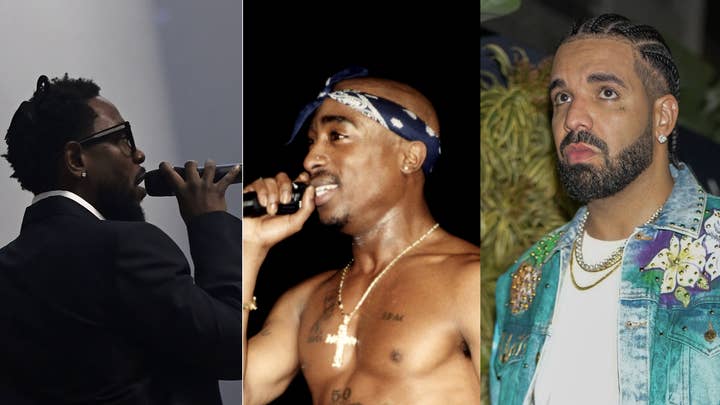 From left to right: Kendrick Lamar sings holding a microphone, Tupac Shakur performs shirtless wearing a bandana, Drake poses in a colorful jacket with braided hair