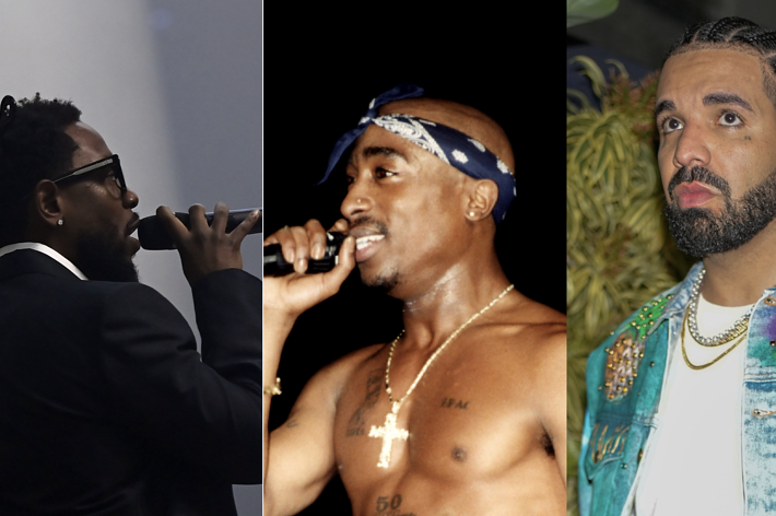 Kendrick Lamar performing, Tupac Shakur shirtless with a bandana, and Drake in a decorated jacket with braids at a music event