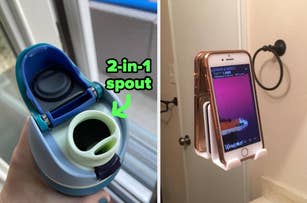 reviewer's bottle with 2-in-1 spout / reviewer's reusable sticky mount on mirror holding phone