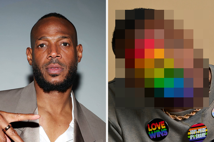 Marlon Wayans in a light-colored jacket smiles with a tweet by Sassington, M.C. saying, “Marlon Wayans is an absolute king for looking like Instagram but speaking like Twitter and MLK Blvd. He’s officially my Pride Month mascot. This is legendary."