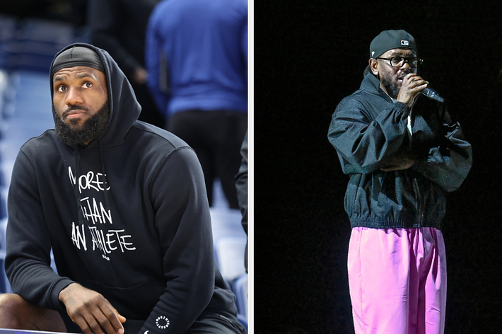 LeBron James sitting courtside in a black hoodie; Kendrick Lamar performing on stage wearing a black jacket and pink pants