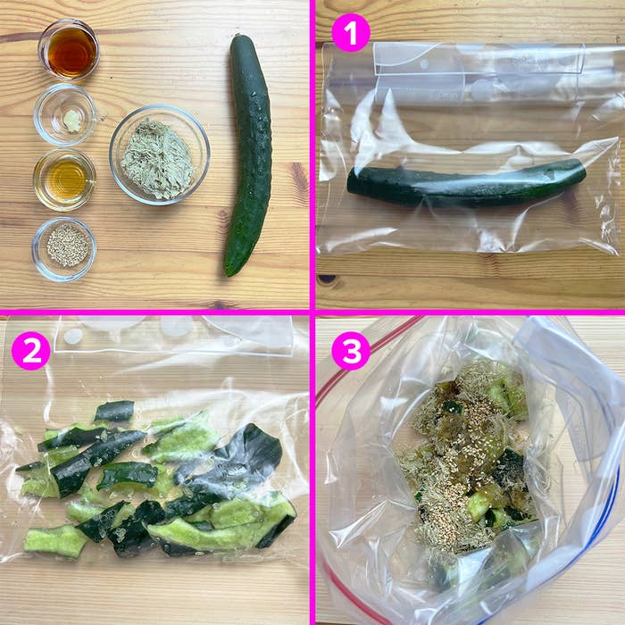調味料とキュウリが並んでいます。1番目、キュウリが袋に入れられています。2番目、キュウリが一口大に切られています。3番目、袋に調味料が加えられます。