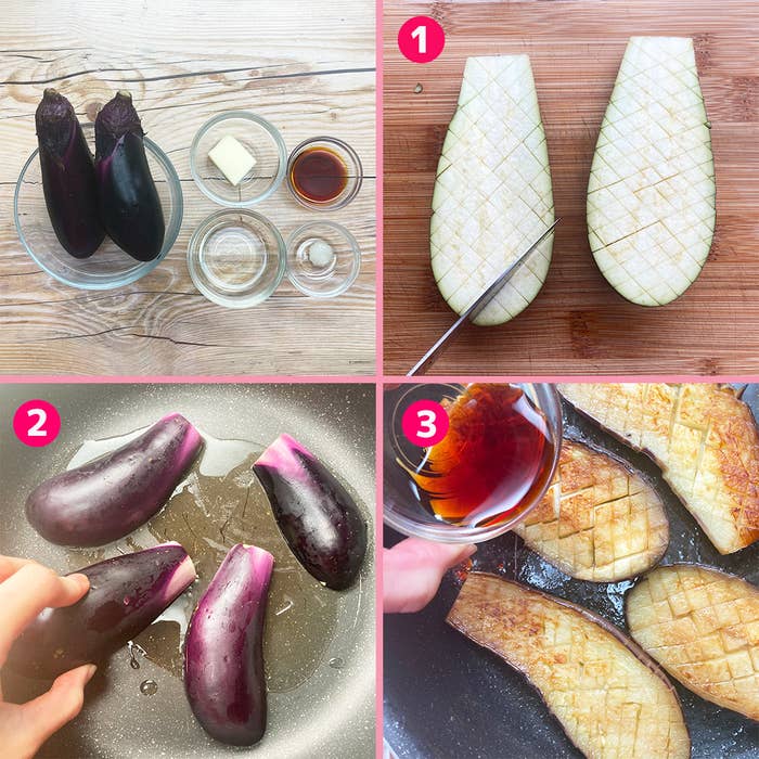 4コマの画像にナスの調理手順を示したイラスト。1コマ目: 材料の準備。2コマ目: ナスをフライパンに入れる。3コマ目: 調味料を追加。