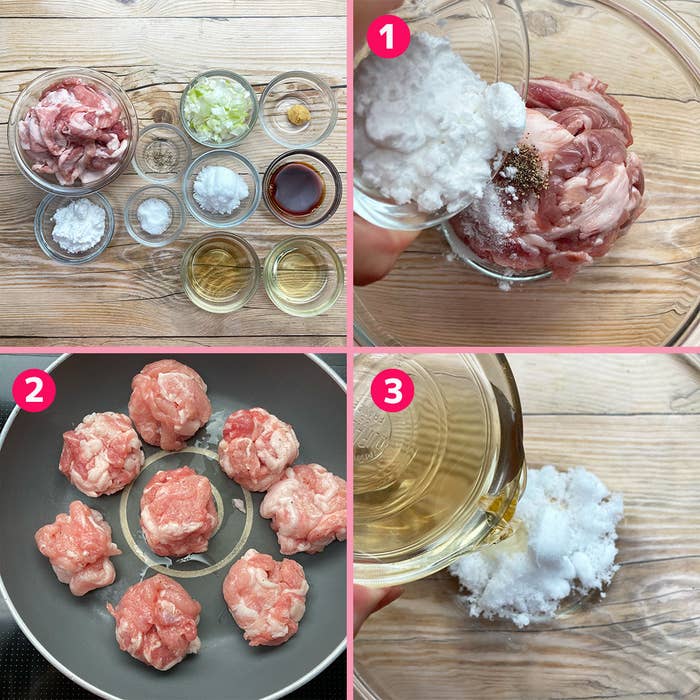 ガラスボウルに調味料と肉を混ぜる1。肉団子をフライパンで炒める2。フライパンに液体を加える3。