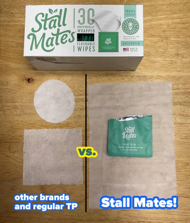 Stall Mates individual flushable wipe packets and an unfolded wipe. The image highlights the product's travel-friendly, unscented features