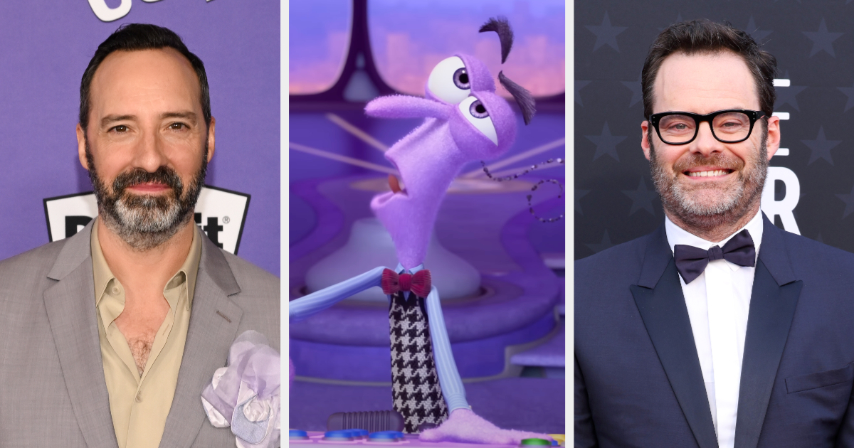 Tony Hale, animated character Fear, and Bill Hader are shown in a collage. Tony Hale and Bill Hader are dressed in formal attire
