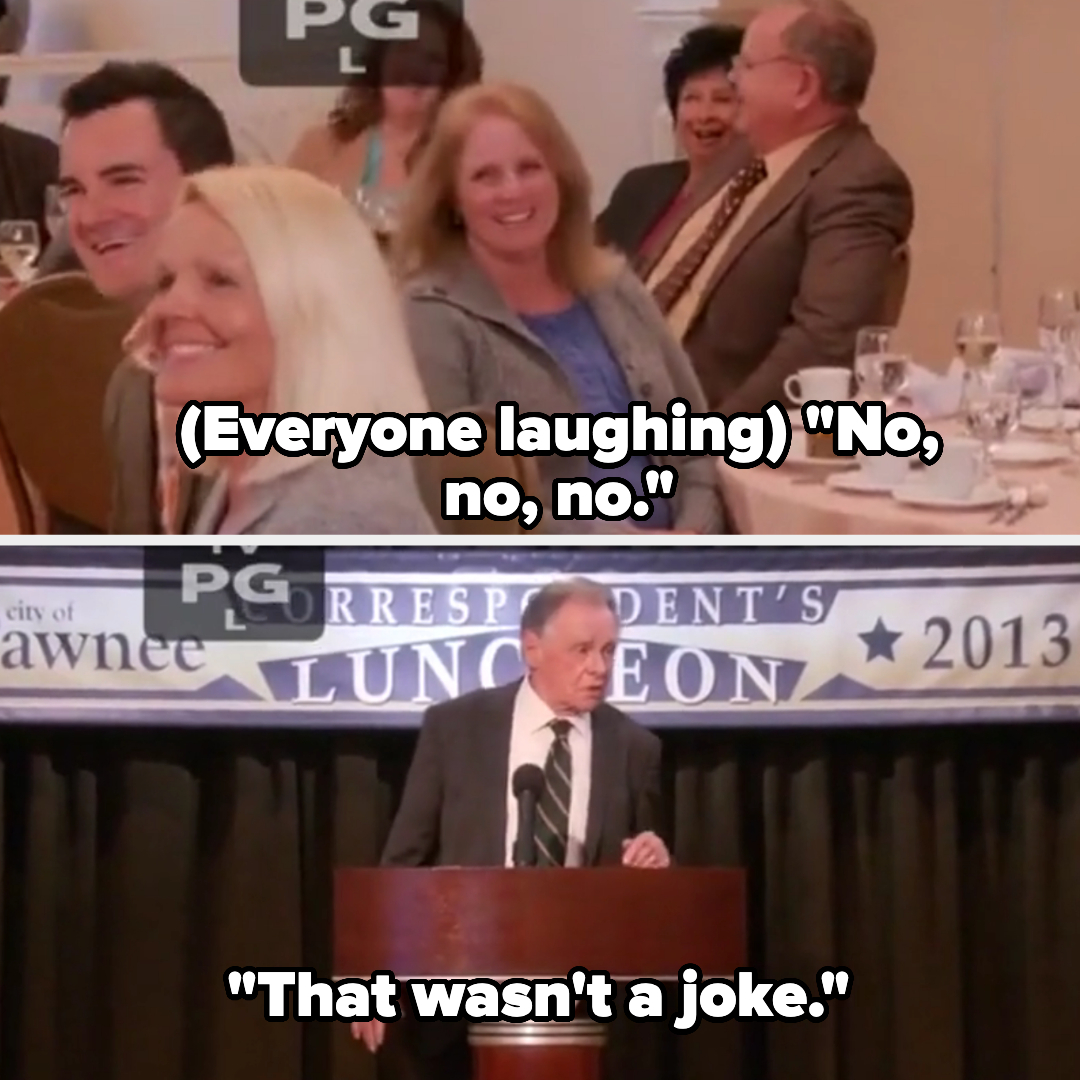 A group of people, including a blonde woman, are laughing at a luncheon. Below, a man at a podium says, &quot;That wasn't a joke&quot; at the Shawnee Correspondent's Luncheon 2013