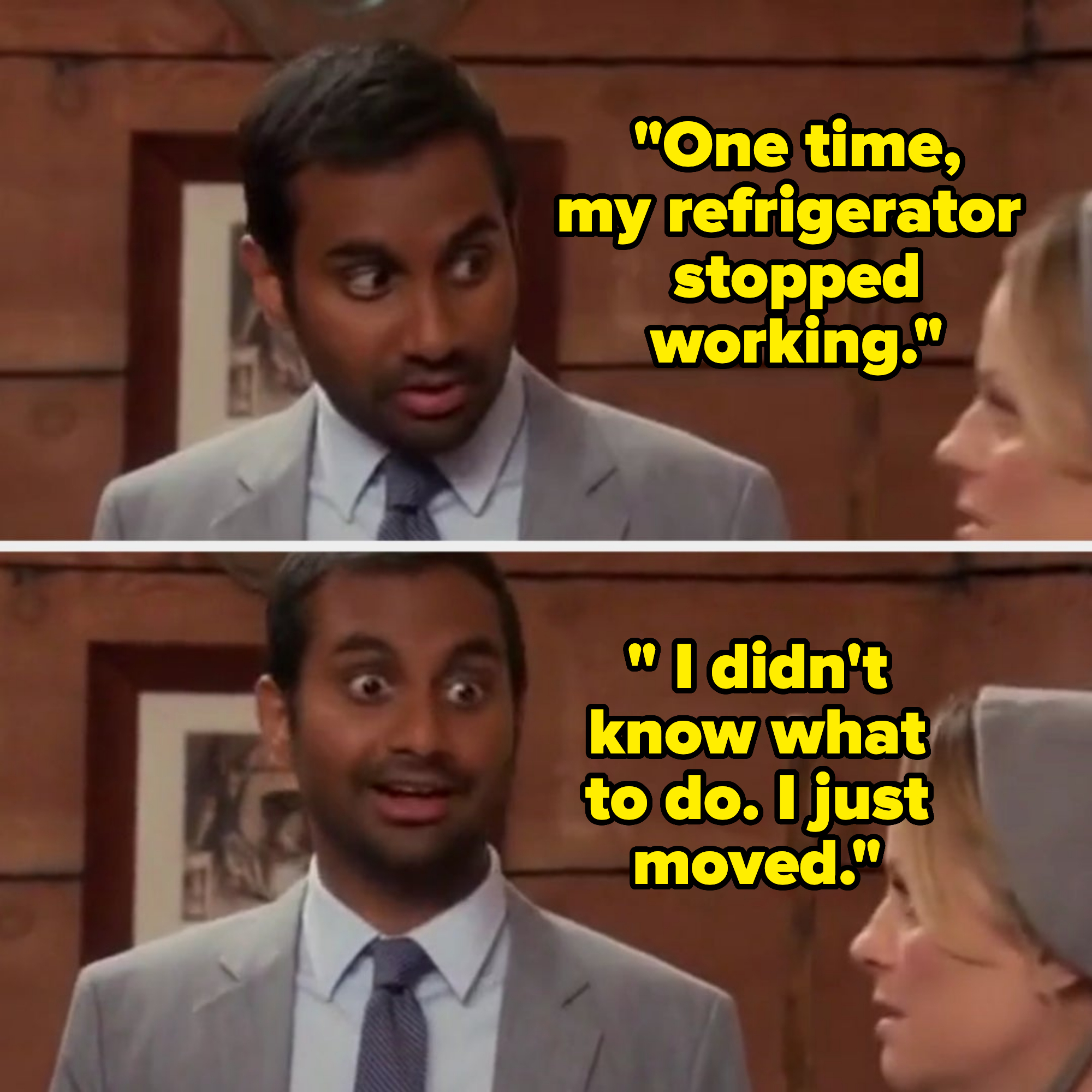 Aziz Ansari looking surprised in two frames while talking to a woman wearing a beanie