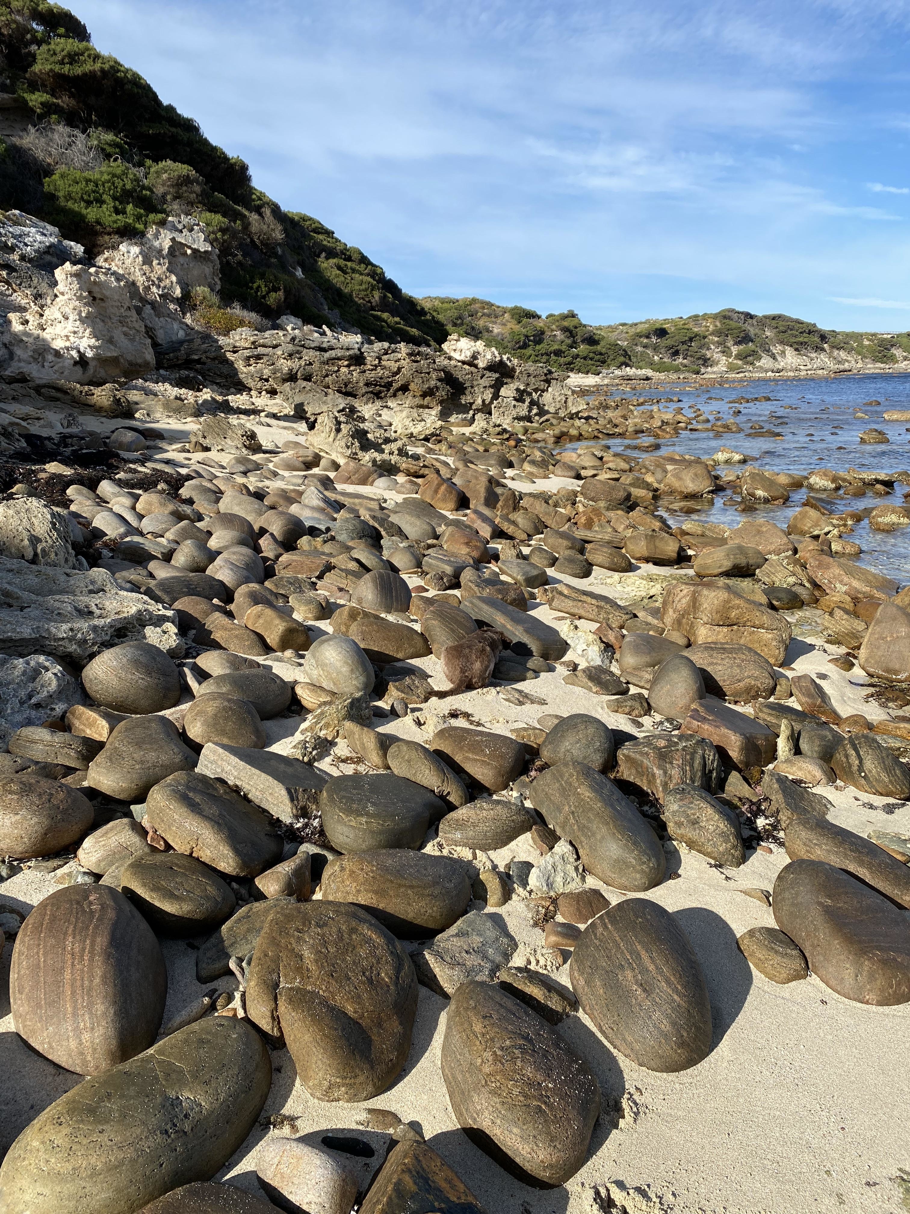 Rocky seaside landscape with smooth, large boulders scattered across a sandy beach. Rocky terrain and greenery are in the background, with a calm sea