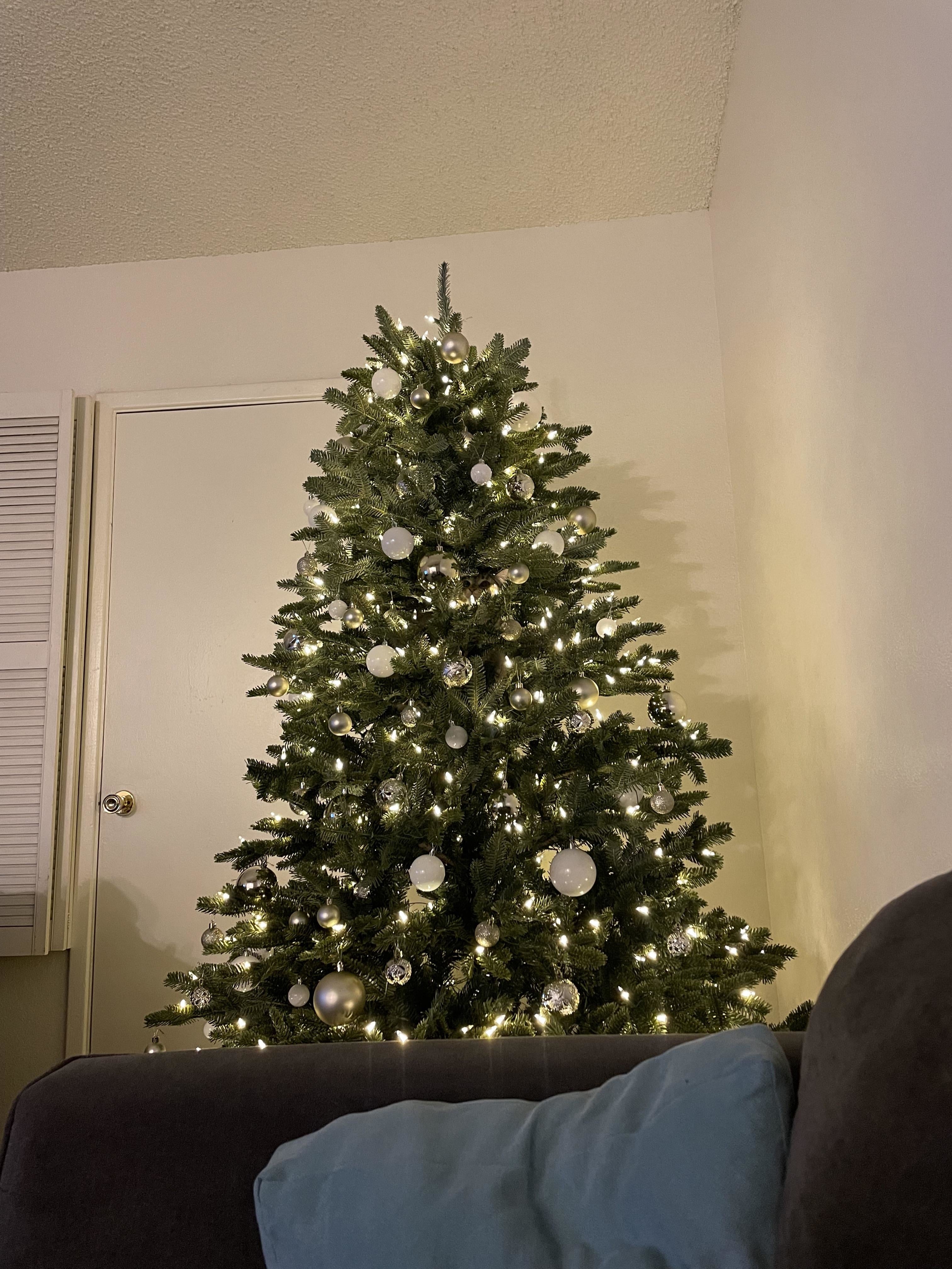 A decorated Christmas tree with lights and ornaments stands in a living room next to a closed door. A section of a sofa with a blue pillow is visible in the foreground