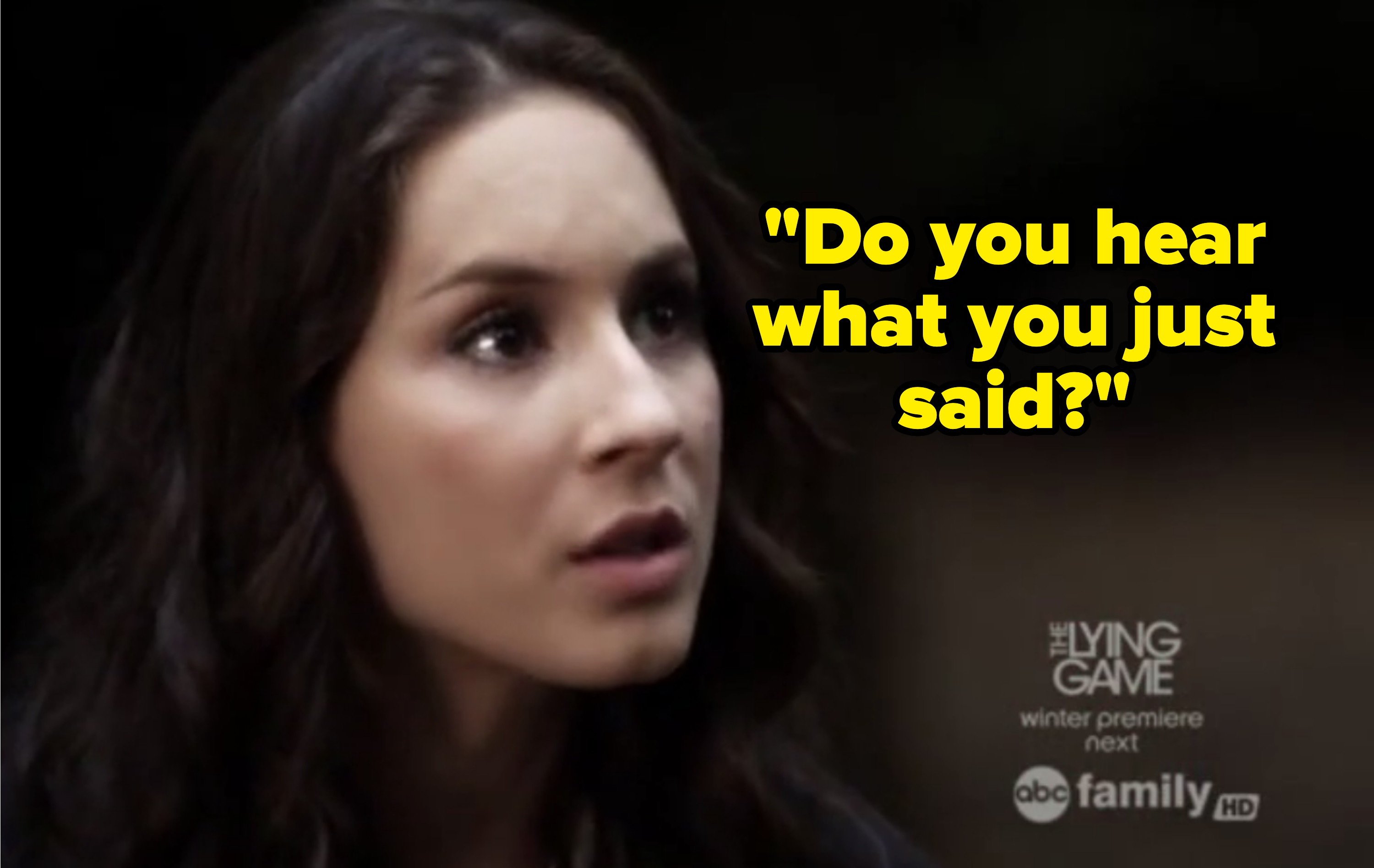 Troian Bellisario looks surprised in a scene from &quot;The Lying Game.&quot; Text: &quot;The Lying Game, winter premiere next on ABC Family HD.&quot;