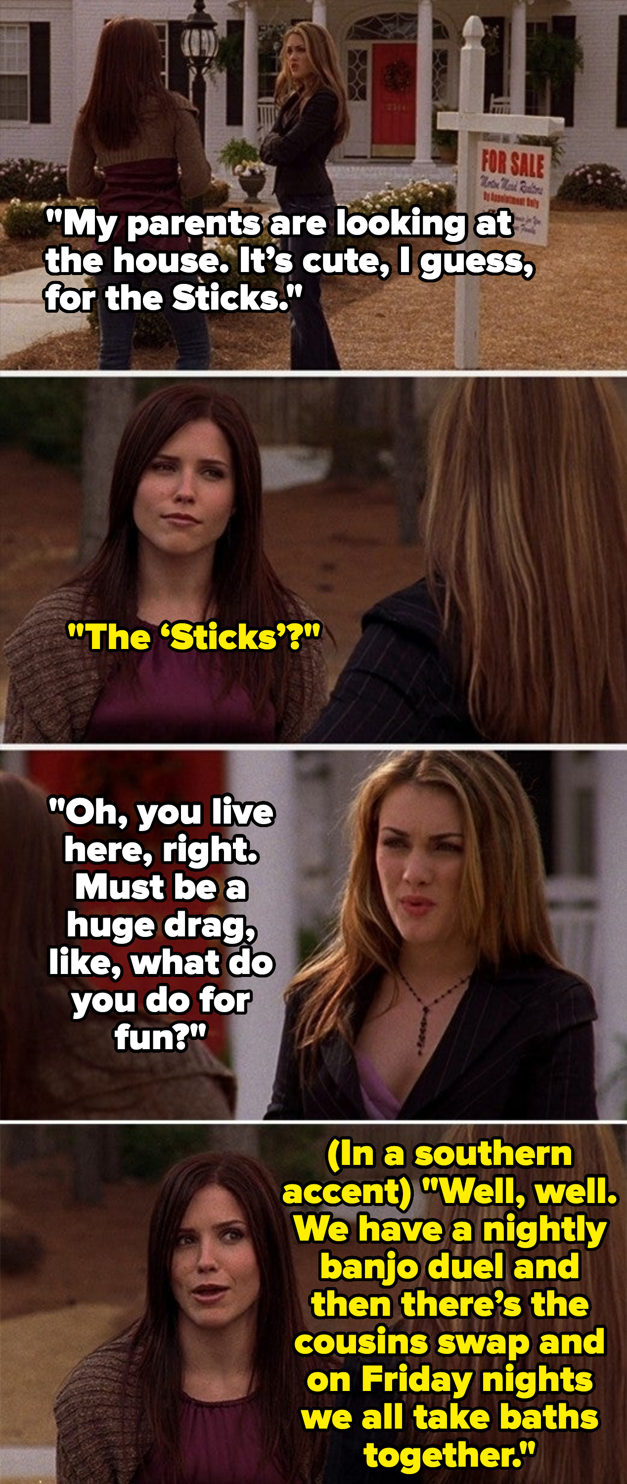 Sophia Bush and Hilarie Burton stand outside a house with a &quot;For Sale&quot; sign, engaging in a serious conversation