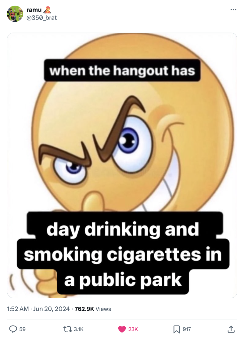 Emoji with an evil smirk and text: "when the hangout has day drinking and smoking cigarettes in a public park." Tweet by user @350_brat. 59 comments, 3.1K retweets, 23K likes, 917 bookmarks