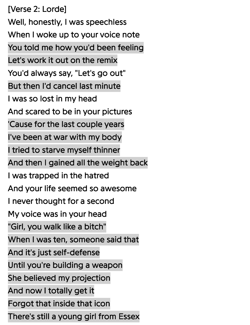 Lyrics from Lorde song describe feelings of vulnerability and personal struggle