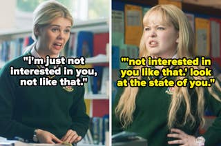 Split image of Nicola Coughlan and Saoirse-Monica Jackson in school uniforms with quotes: 