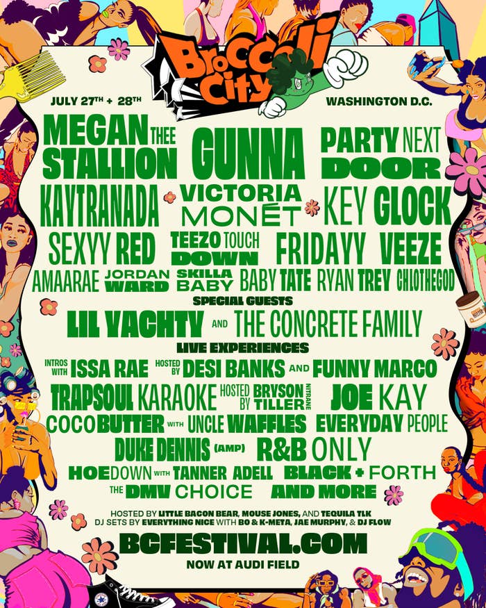 Promotional poster for Broccoli City Music Festival in Washington D.C., on July 27th and 28th, featuring Megan Thee Stallion, Gunna, Victoria Monét, and more