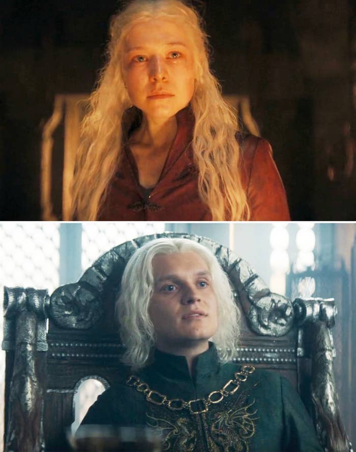 Emma D&#x27;Arcy as Rhaenyra Targaryen in regal attire and Tom Glynn-Carney as Aegon Targaryen seated on a throne in &quot;House of the Dragon&quot;