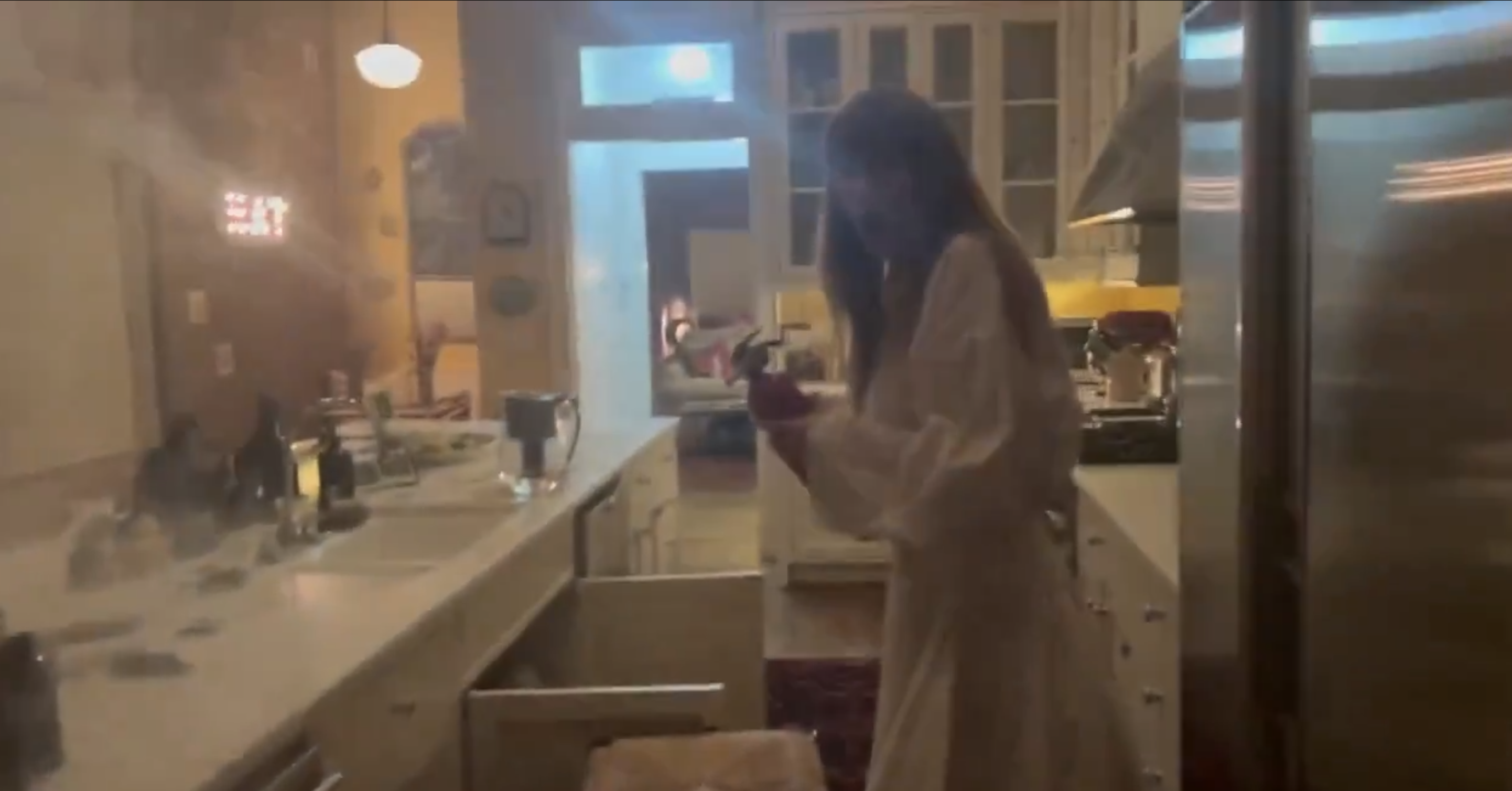A woman in a white robe stands in a kitchen with smoke coming from an oven, apparently attempting to manage a cooking mishap. The kitchen is filled with various items