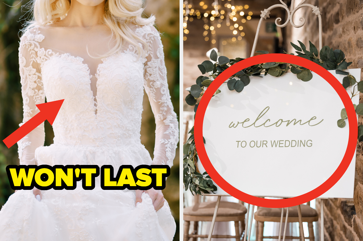 Bridal gown with lace details with text on image reads "Won't Last;" and an acrylic sign reading "Welcome to Our Wedding"