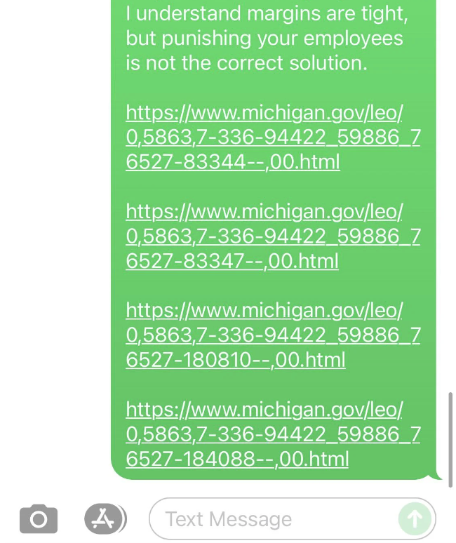 Text message conversation screenshot contains a link that reads: "I understand margins are tight, but punishing your employees is not the correct solution," followed by four URLs