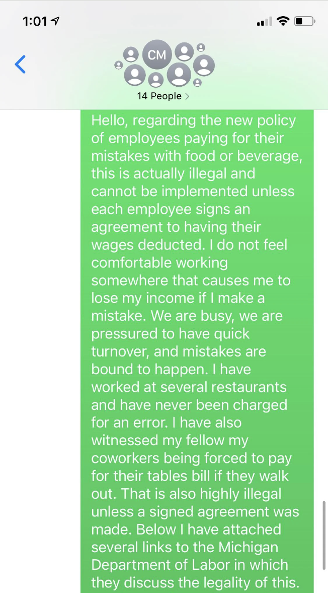 Text message screenshot: An employee expresses concerns about an illegal policy deducting wages for mistakes. They share personal experiences and highlight legal issues