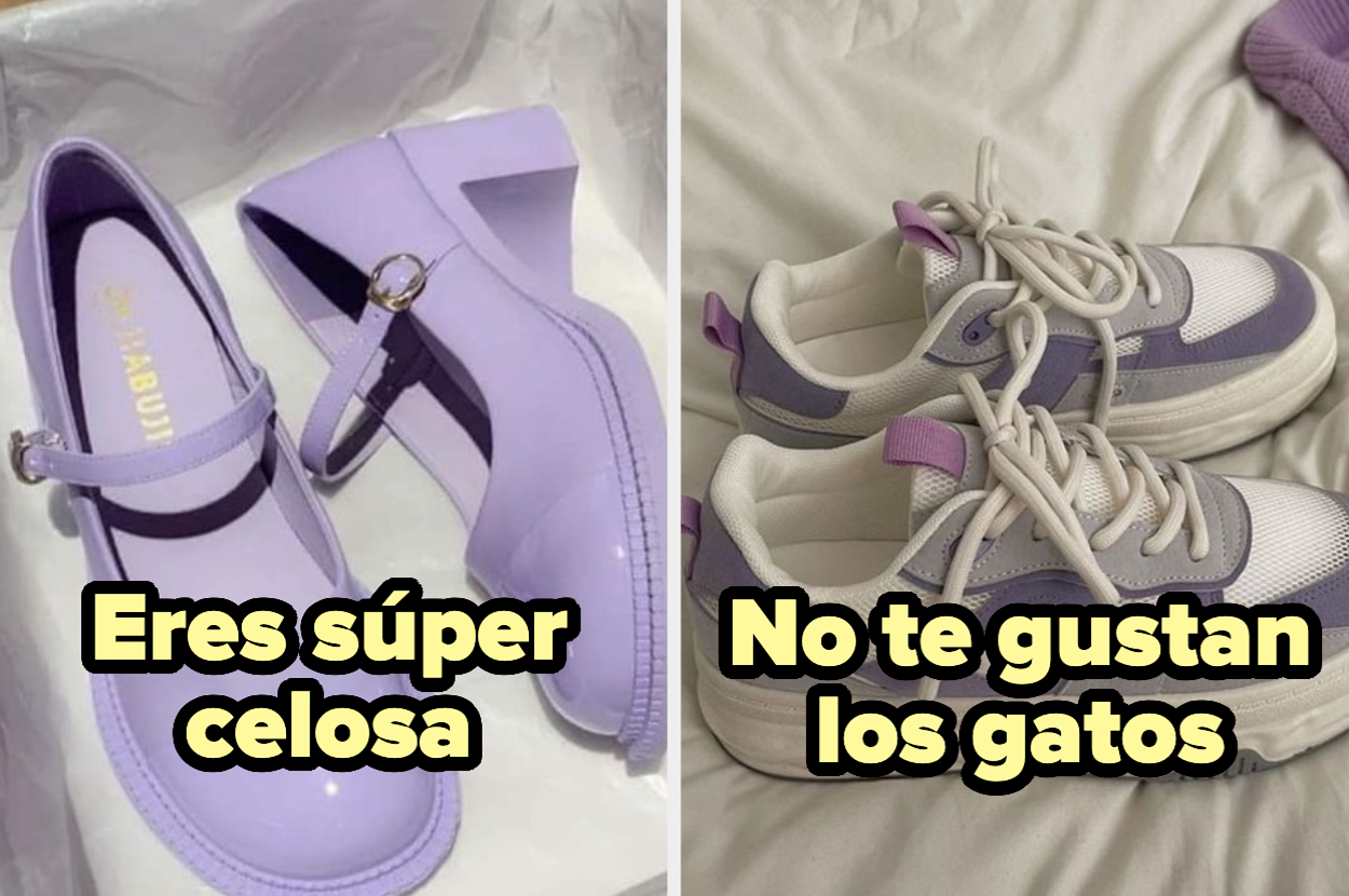Zapatos con la frase "Eres súper celosa" y zapatillas deportivas con la frase "No te gustan los gatos"