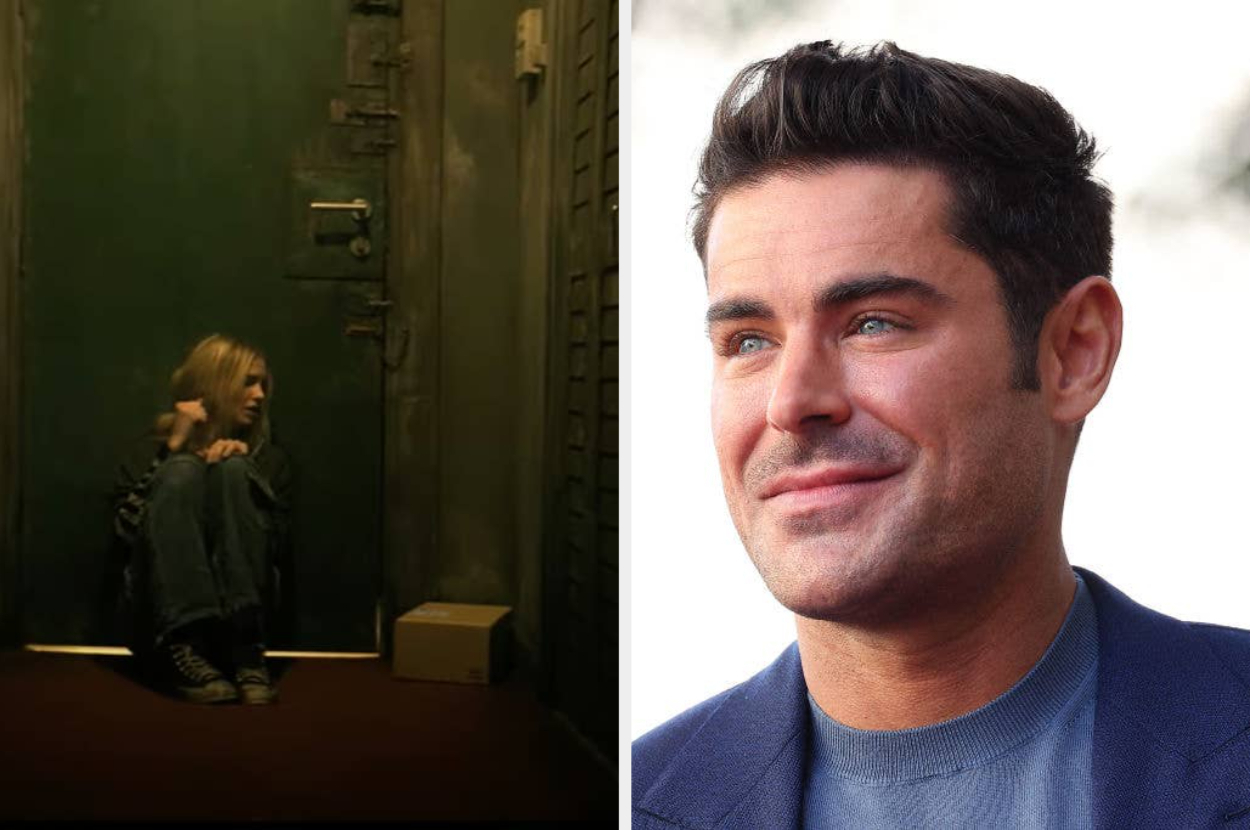 On the left, a person is sitting on the floor against a door. On the right, a smiling Zac Efron in a suit and t-shirt poses for a photo