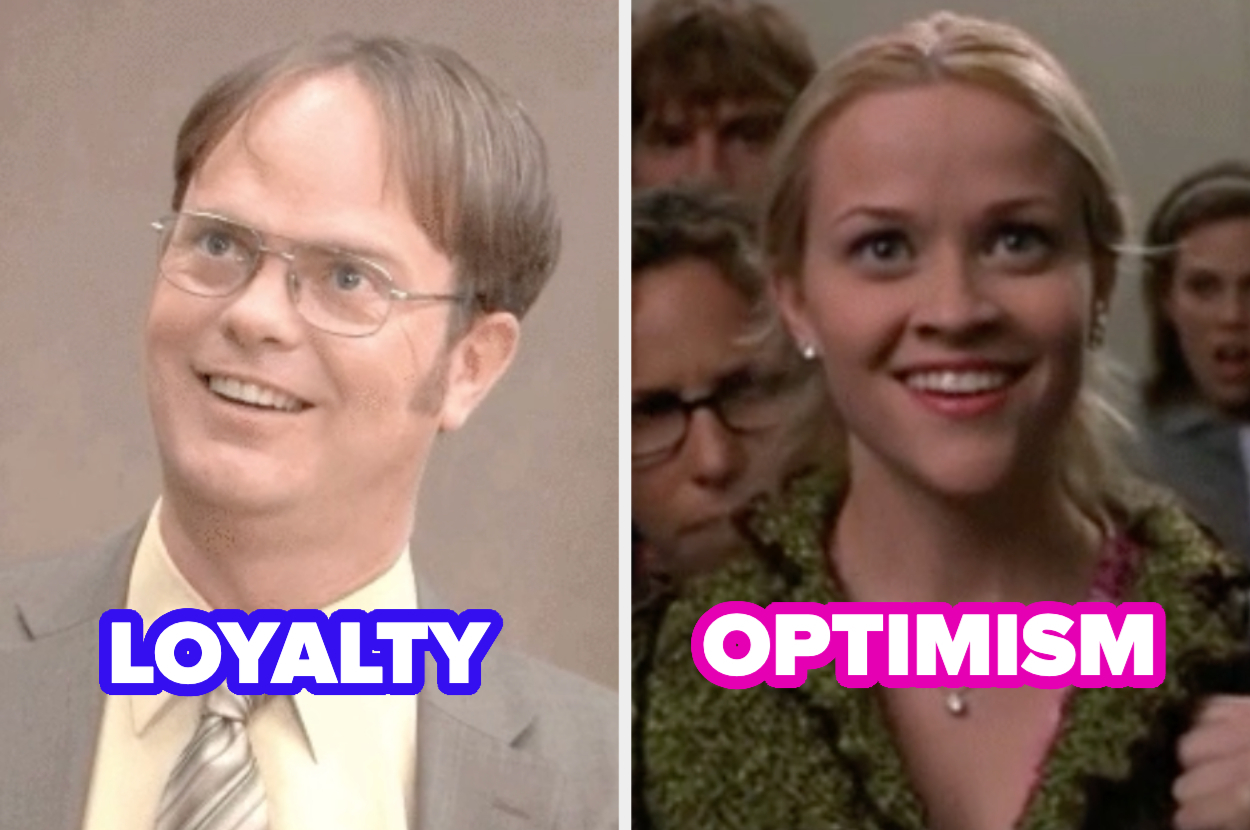 Side-by-side images of Dwight Schrute and Elle Woods, with "Loyalty" over Dwight and "Optimism" over Elle, used in a food article