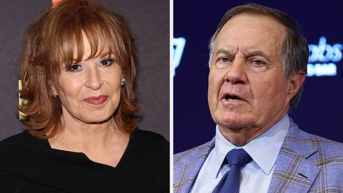 Joy Behar on the left and Bill Belichick on the right. Joy is dressed in a simple black top, and Bill is wearing a plaid suit jacket with a tie