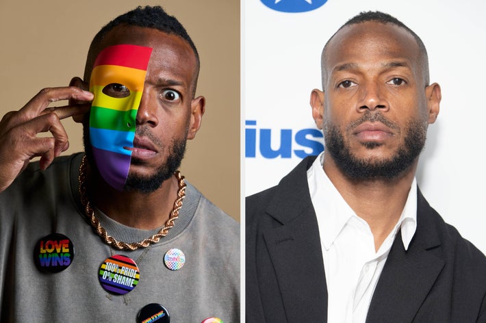 Marlon Wayans on the left holds a rainbow mask over half his face, wearing a “Love Wins” button. On the right, he dons a black jacket, white shirt, and blank expression