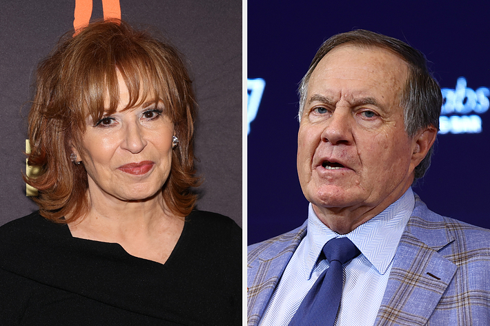 Joy Behar in a black top next to Bill Belichick in a suit and tie