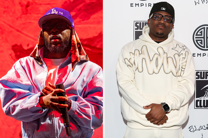 On the left, rapper Westside Gunn performs, wearing a casual hooded jacket and cap. On the right, rapper Conway the Machine poses in a white hoodie with a black cap at an event