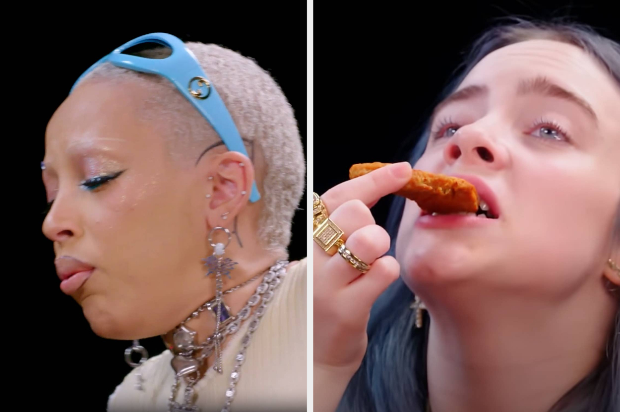 Doja Cat and Billie Eilish in split-screen: Doja Cat wears statement jewelry and a headband; Billie Eilish eats a chicken strip, showcasing her rings