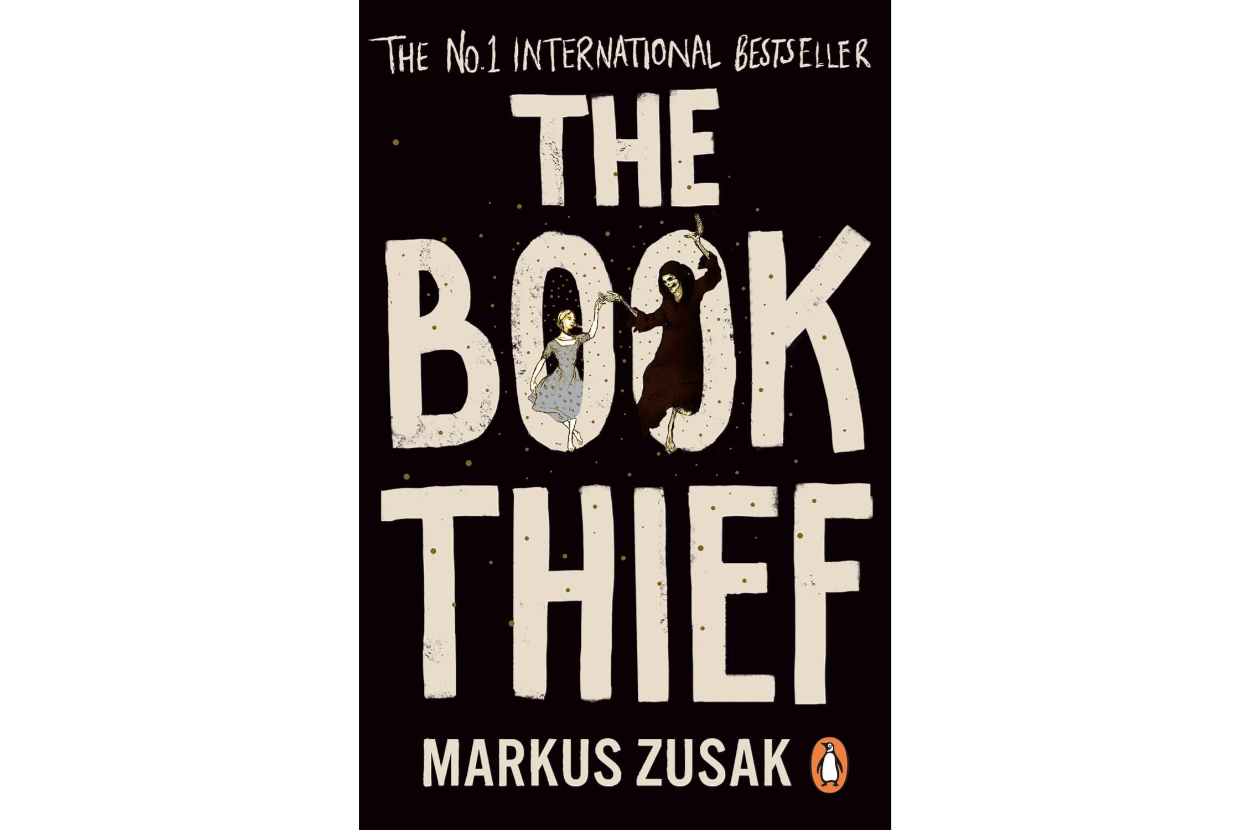 Book cover of "The Book Thief" by Markus Zusak, featuring white, bold text and illustrations of a girl holding hands with a figure in a cloak