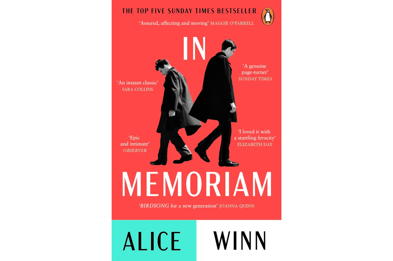 Cover of the book "In Memoriam" by Alice Winn, featuring two soldiers walking on a red background with various praise quotes