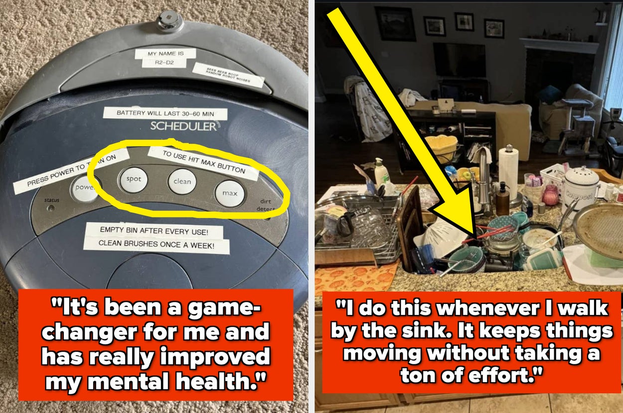 Left: Close-up of a robot vacuum with cleaning modes circled and quote: "It's been a game-changer for me and has really improved my mental health." Right: Image of a cluttered kitchen sink area with a yellow arrow and quote: "I do this whenever I walk by