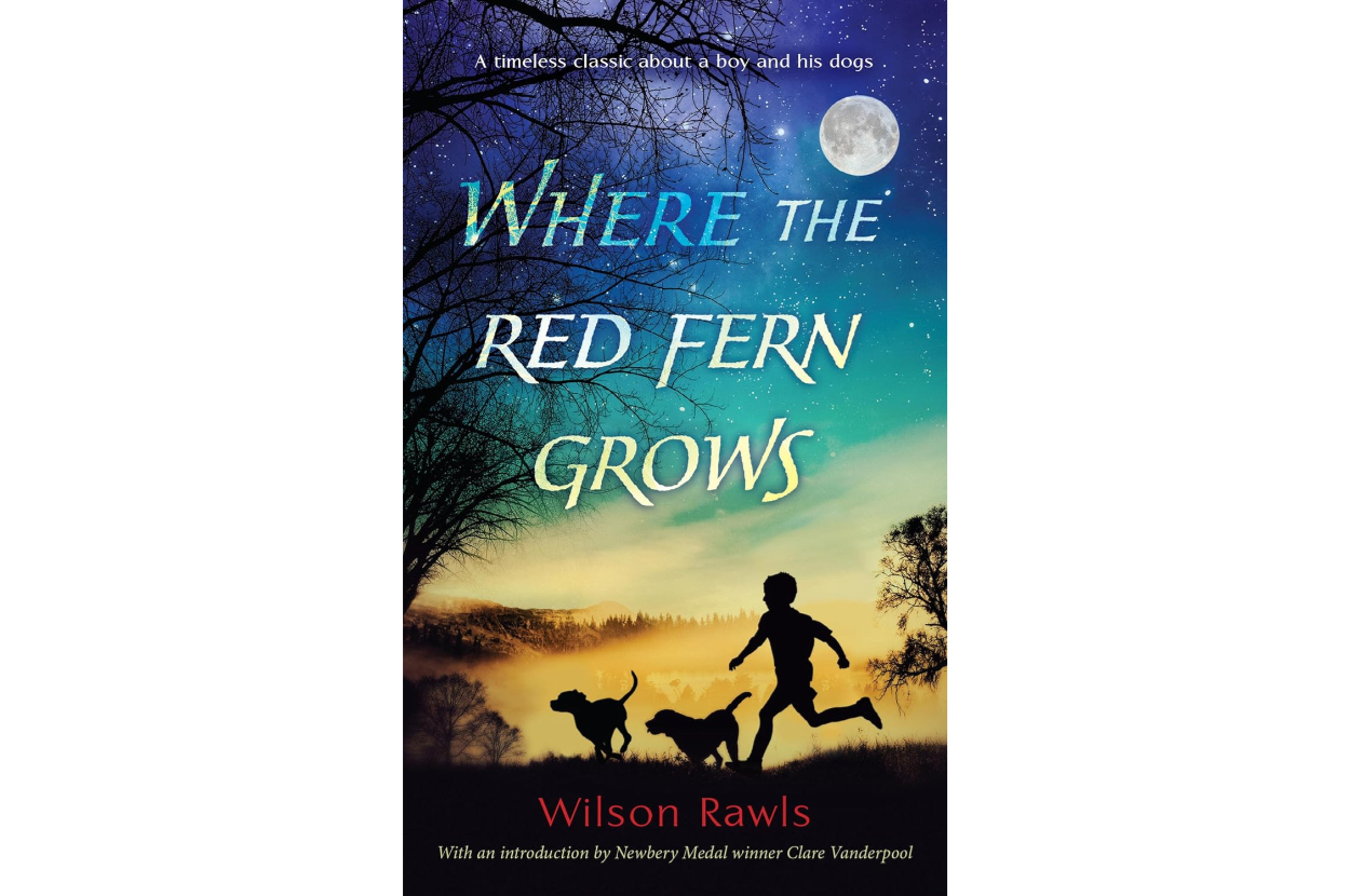 The cover of the book "Where the Red Fern Grows" by Wilson Rawls features a silhouette of a boy running with two dogs in a scenic countryside under a night sky