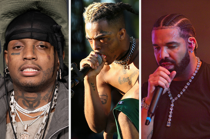 Sad Frosty, XXXTentacion, and Drake performing on stage in separate photos