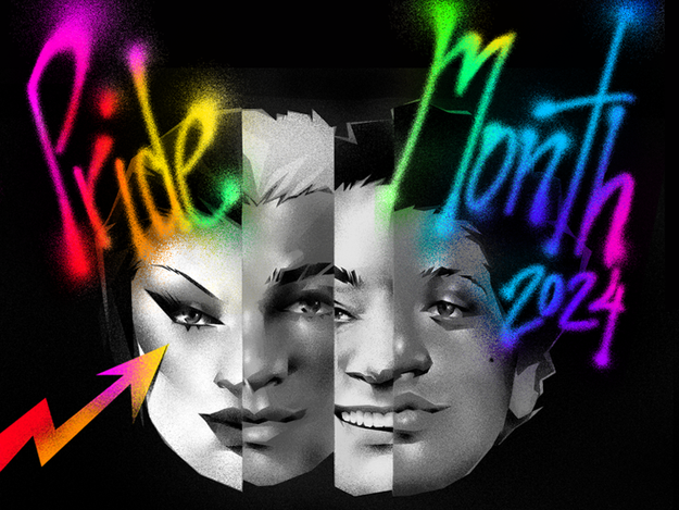 Stylized graphic reading &quot;Pride Month 2024&quot; with artistic renderings of three diverse faces. Bright colors accentuate the text and parts of the faces