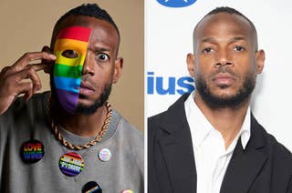 Marlon Wayans on the left holds a rainbow mask over half his face, wearing a 