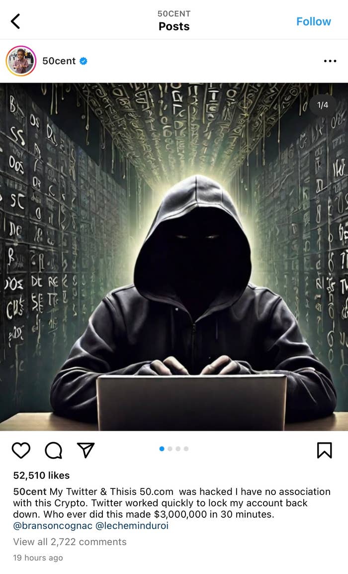 A hooded figure in a dark room sits at a laptop with green-lit code on the walls. Text discusses hacking incidents affecting 50 Cent&#x27;s Twitter and Thisis50.com