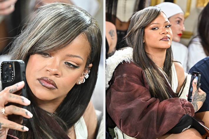 Rihanna recording at Paris Fashion Week vs Rihanna with a phone in her hand during Paris Fashion Week