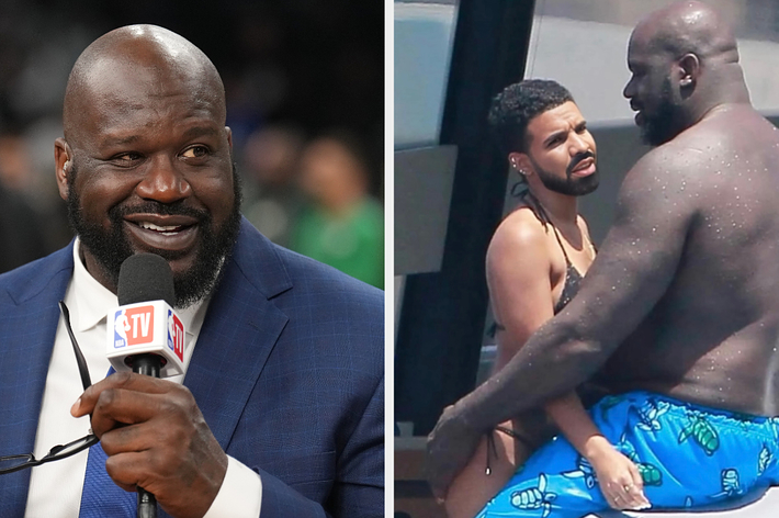 Shaquille O'Neal in a suit during a TV broadcast; On the right, an edited photo of Shaq and Drake are relaxing beside water
