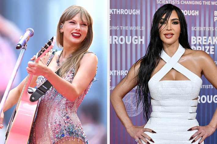 Taylor Swift performing with a guitar and Kim Kardashian posing in a structured, sleeveless white dress