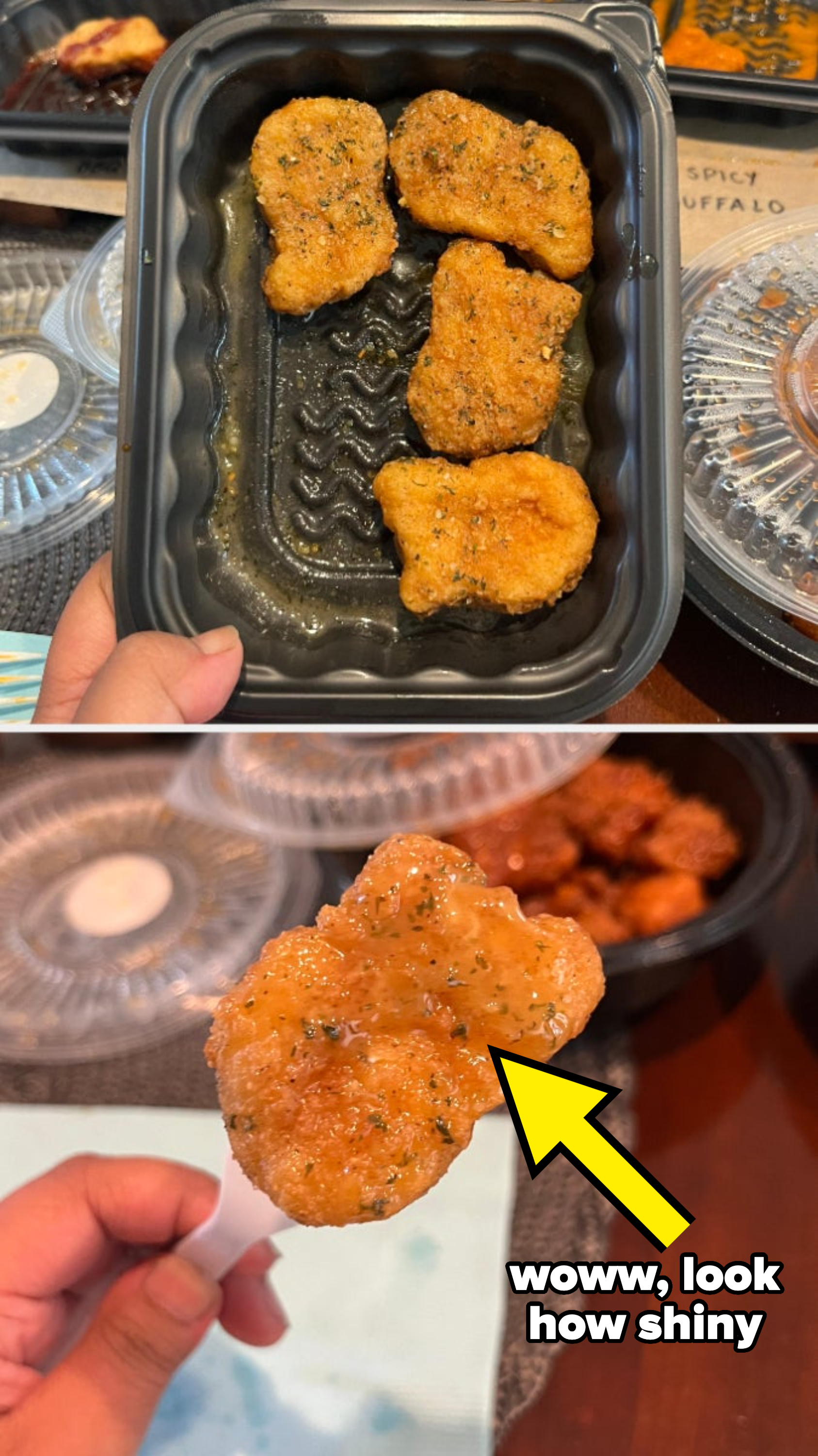 Top: A hand holding a black tray with four seasoned chicken nuggets; Bottom: The same hand holding one chicken nugget on a fork