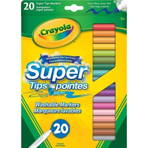 Crayola Super Tips Washable Markers pack featuring 20 markers in assorted colors. Package emphasizes versatility for drawing both thick and thin lines