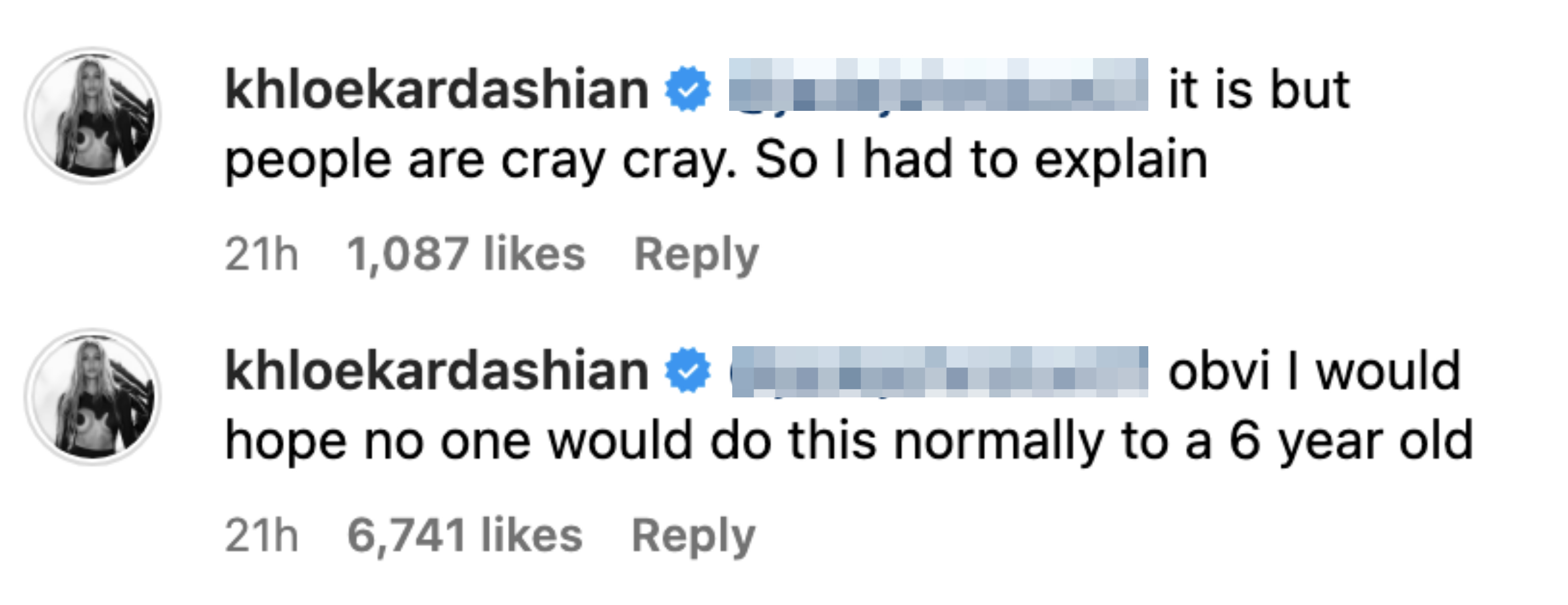 Khloe Kardashian replies to a user&#x27;s comment, stating that she had to explain because people are &#x27;cray cray&#x27; and adds it would be inappropriate for a 6-year-old